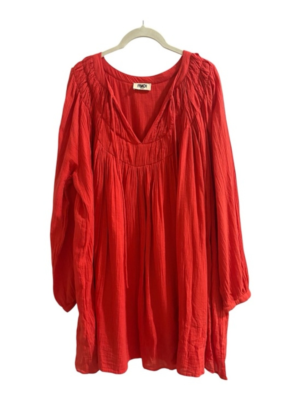 FRNCH Paris Aissya Red Cotton Gauze Mini Dress Boho Balloon Sleeve